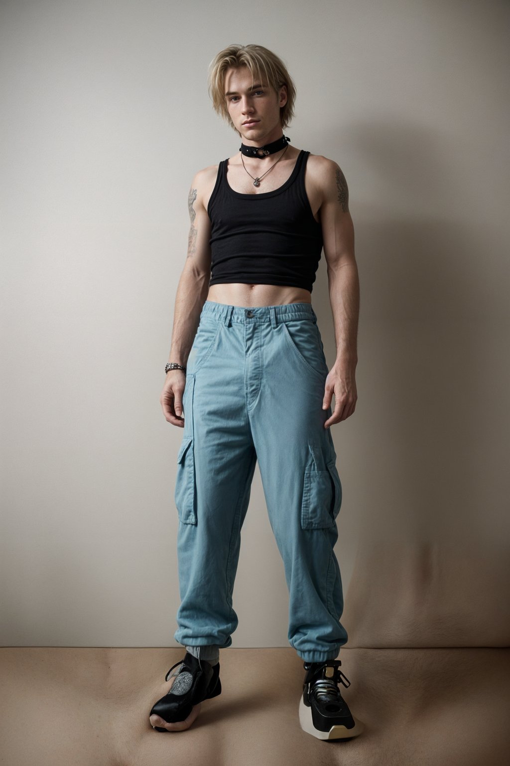 man wearing Y2K aesthetic, 2000s fashion, aughts style, noughties style, grunge or 2000s style, oversized washed out style, baggy pants, low rise pants or cargo pants, crop top, Choker, Metallic, iridescent fabrics, posing for photo