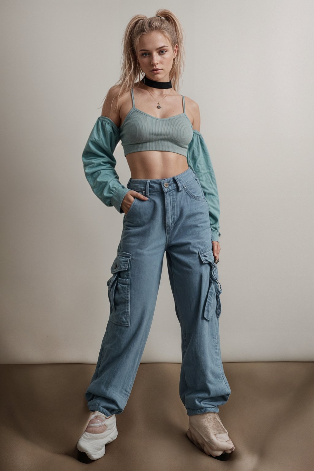 woman wearing Y2K aesthetic, 2000s fashion, aughts style, noughties style, grunge or 2000s style, oversized washed out style, baggy pants, low rise pants or cargo pants, crop top, Choker, Metallic, iridescent fabrics, posing for photo