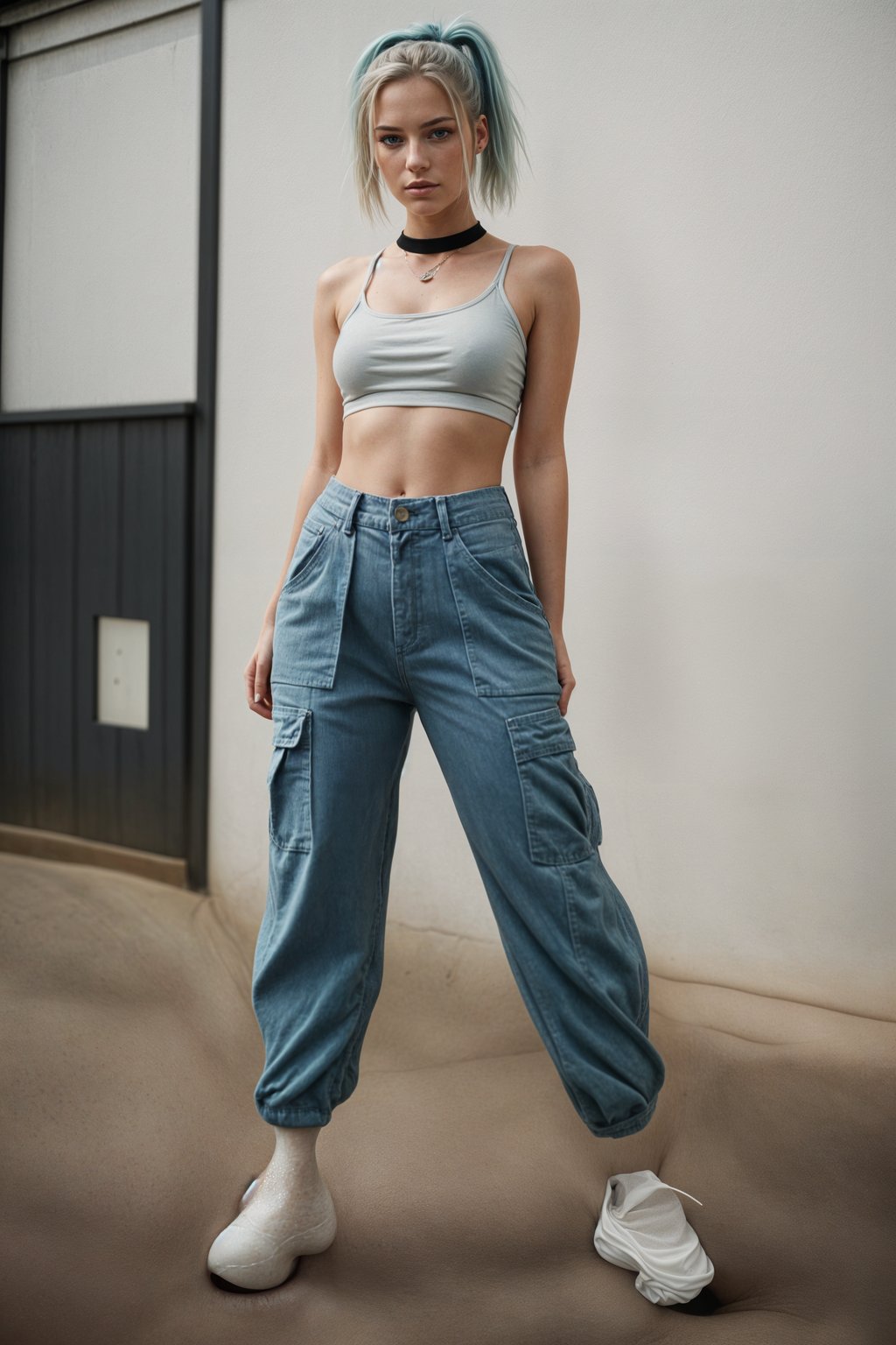 woman wearing Y2K aesthetic, 2000s fashion, aughts style, noughties style, grunge or 2000s style, oversized washed out style, baggy pants, low rise pants or cargo pants, crop top, Choker, Metallic, iridescent fabrics, posing for photo