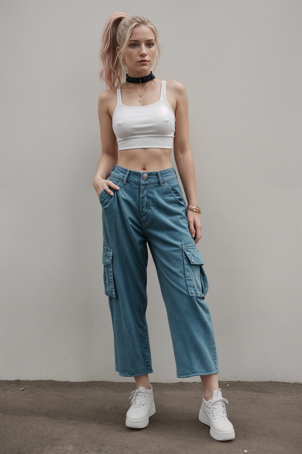 woman wearing Y2K aesthetic, 2000s fashion, aughts style, noughties style, grunge or 2000s style, oversized washed out style, baggy pants, low rise pants or cargo pants, crop top, Choker, Metallic, iridescent fabrics, posing for photo