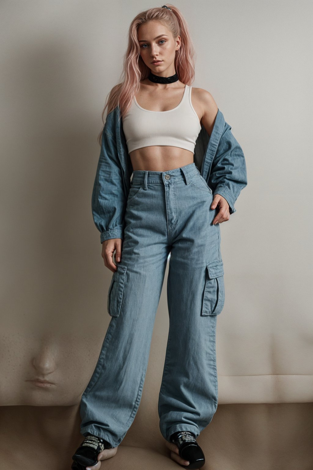 woman wearing Y2K aesthetic, 2000s fashion, aughts style, noughties style, grunge or 2000s style, oversized washed out style, baggy pants, low rise pants or cargo pants, crop top, Choker, Metallic, iridescent fabrics, posing for photo