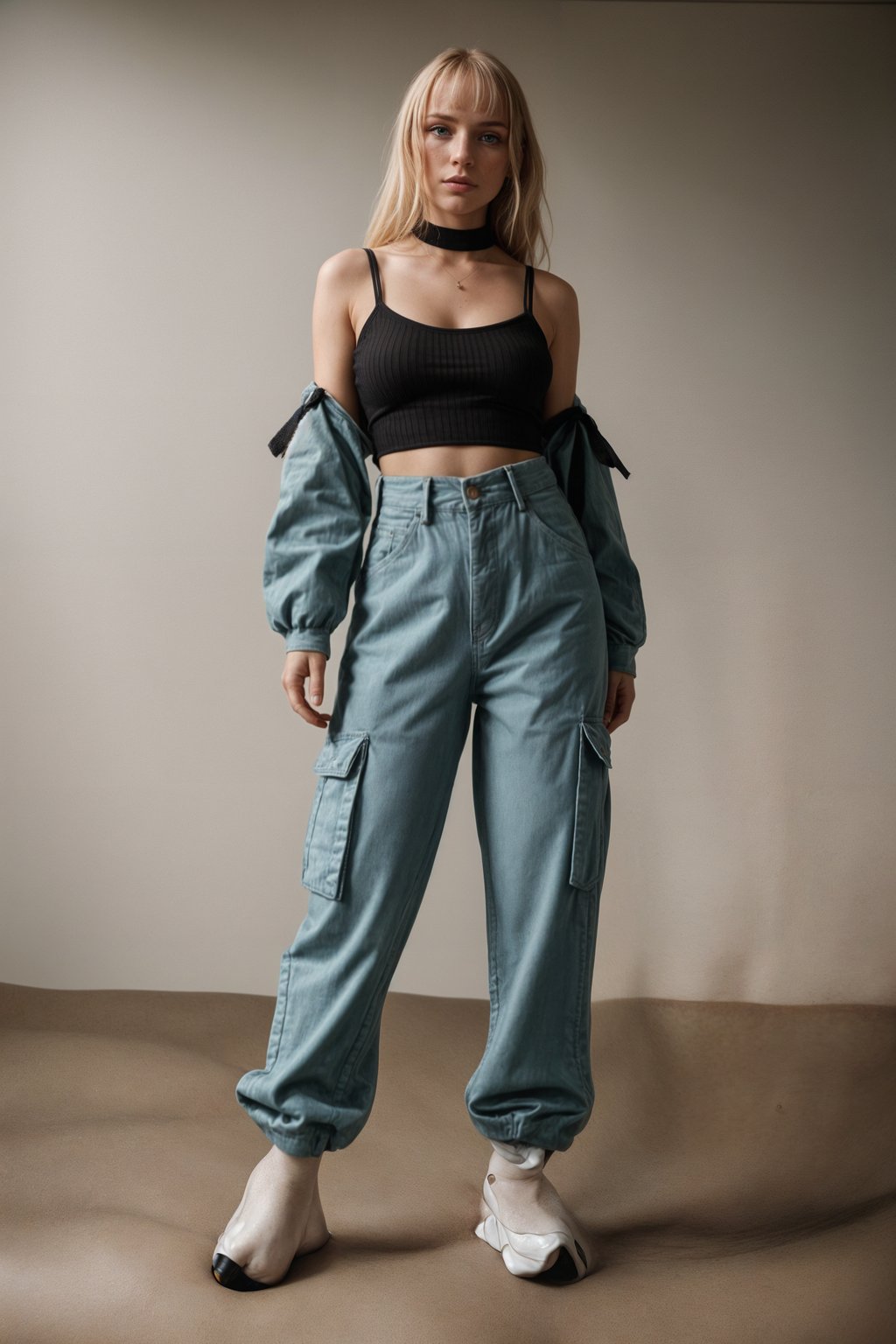 woman wearing Y2K aesthetic, 2000s fashion, aughts style, noughties style, grunge or 2000s style, oversized washed out style, baggy pants, low rise pants or cargo pants, crop top, Choker, Metallic, iridescent fabrics, posing for photo