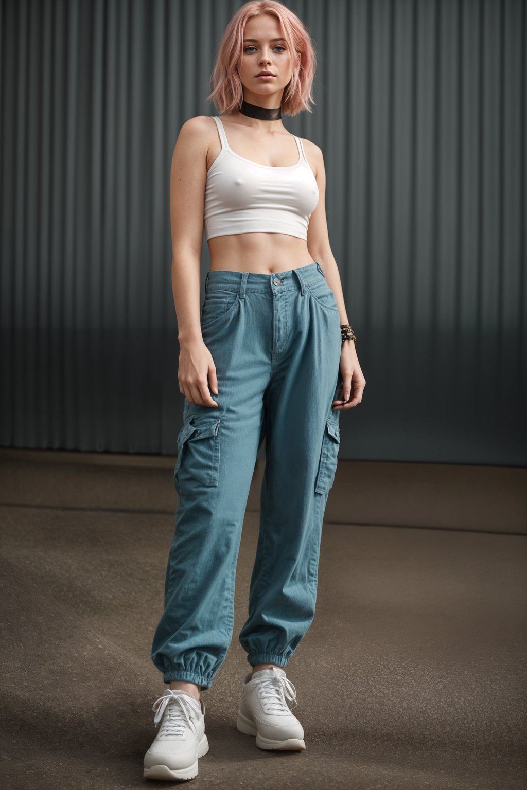 woman wearing Y2K aesthetic, 2000s fashion, aughts style, noughties style, grunge or 2000s style, oversized washed out style, baggy pants, low rise pants or cargo pants, crop top, Choker, Metallic, iridescent fabrics, posing for photo