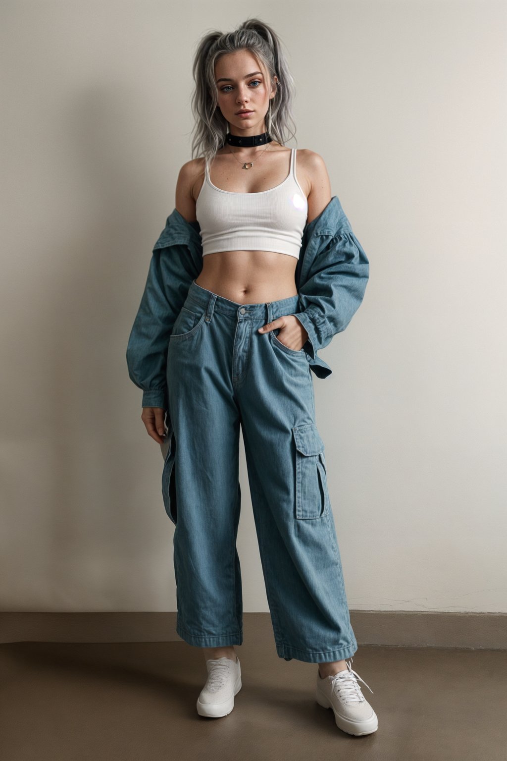 woman wearing Y2K aesthetic, 2000s fashion, aughts style, noughties style, grunge or 2000s style, oversized washed out style, baggy pants, low rise pants or cargo pants, crop top, Choker, Metallic, iridescent fabrics, posing for photo