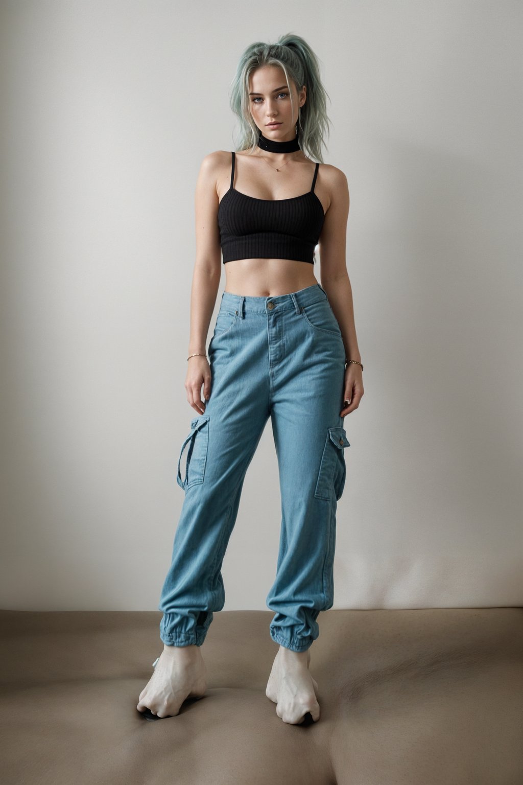 woman wearing Y2K aesthetic, 2000s fashion, aughts style, noughties style, grunge or 2000s style, oversized washed out style, baggy pants, low rise pants or cargo pants, crop top, Choker, Metallic, iridescent fabrics, posing for photo