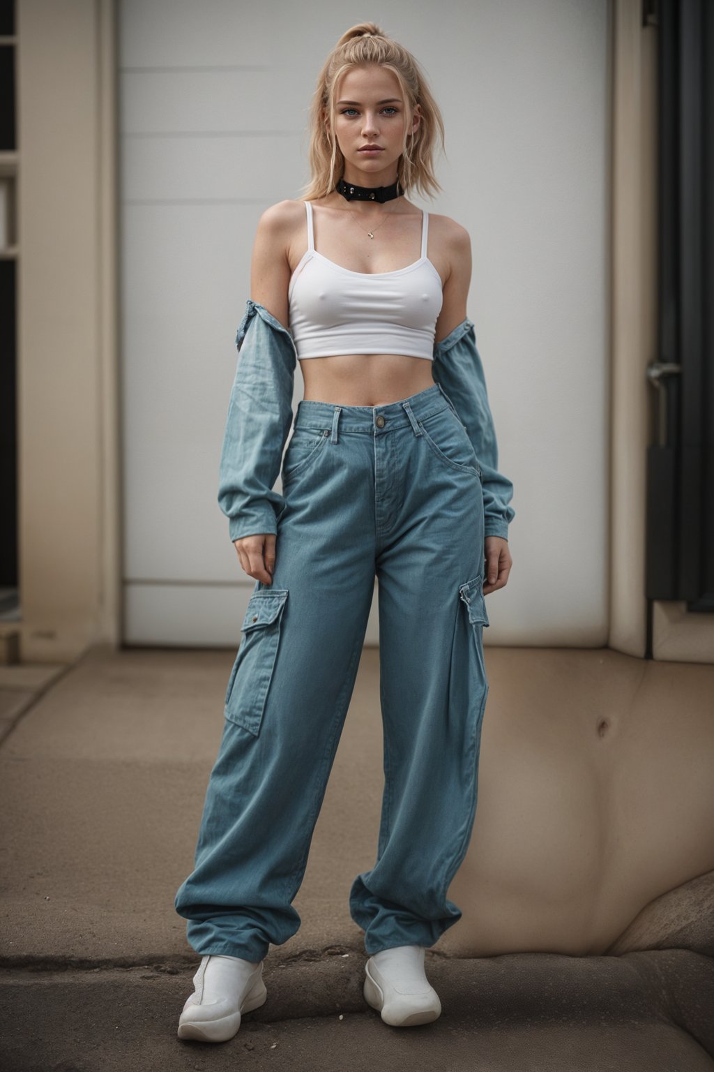 woman wearing Y2K aesthetic, 2000s fashion, aughts style, noughties style, grunge or 2000s style, oversized washed out style, baggy pants, low rise pants or cargo pants, crop top, Choker, Metallic, iridescent fabrics, posing for photo