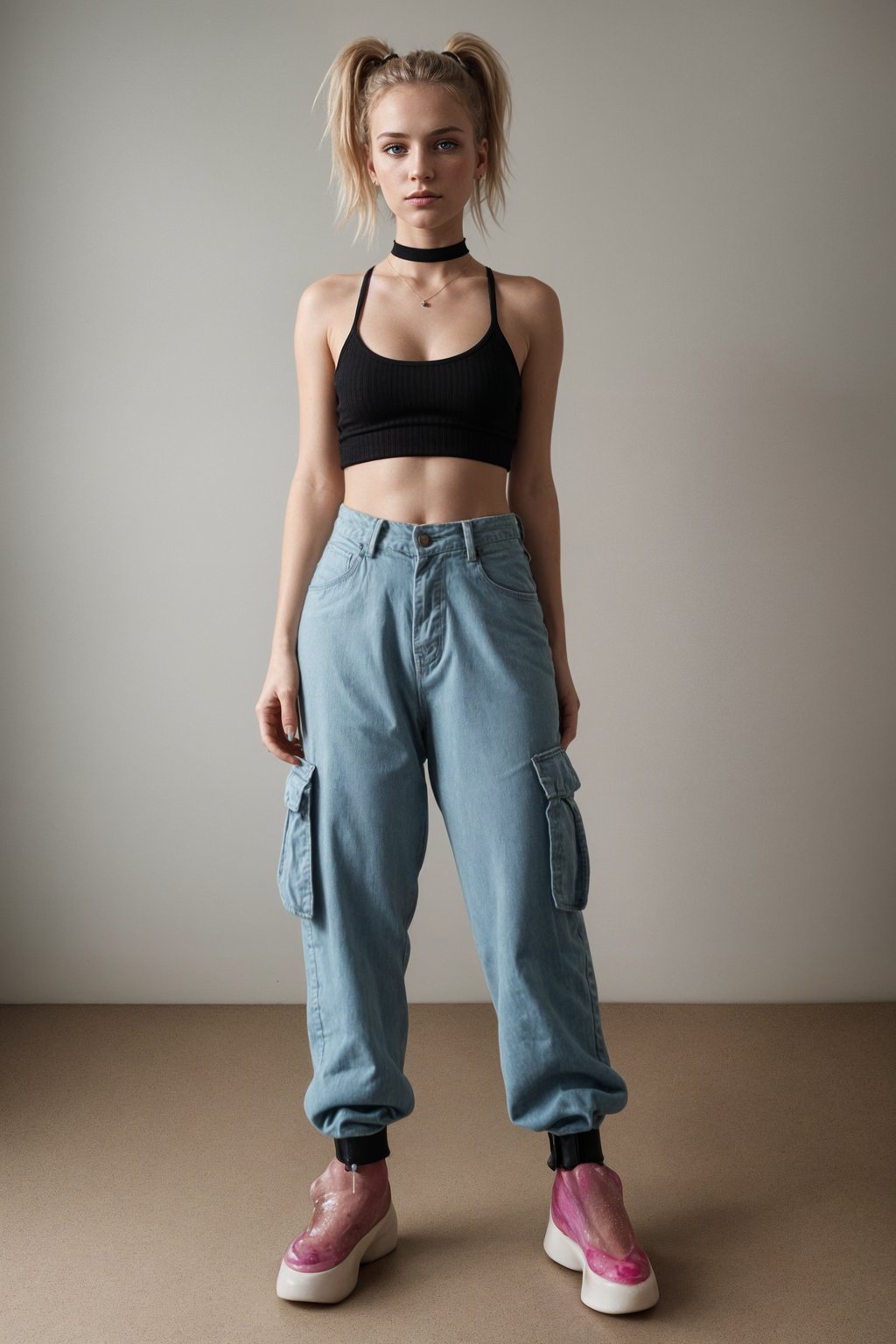 woman wearing Y2K aesthetic, 2000s fashion, aughts style, noughties style, grunge or 2000s style, oversized washed out style, baggy pants, low rise pants or cargo pants, crop top, Choker, Metallic, iridescent fabrics, posing for photo