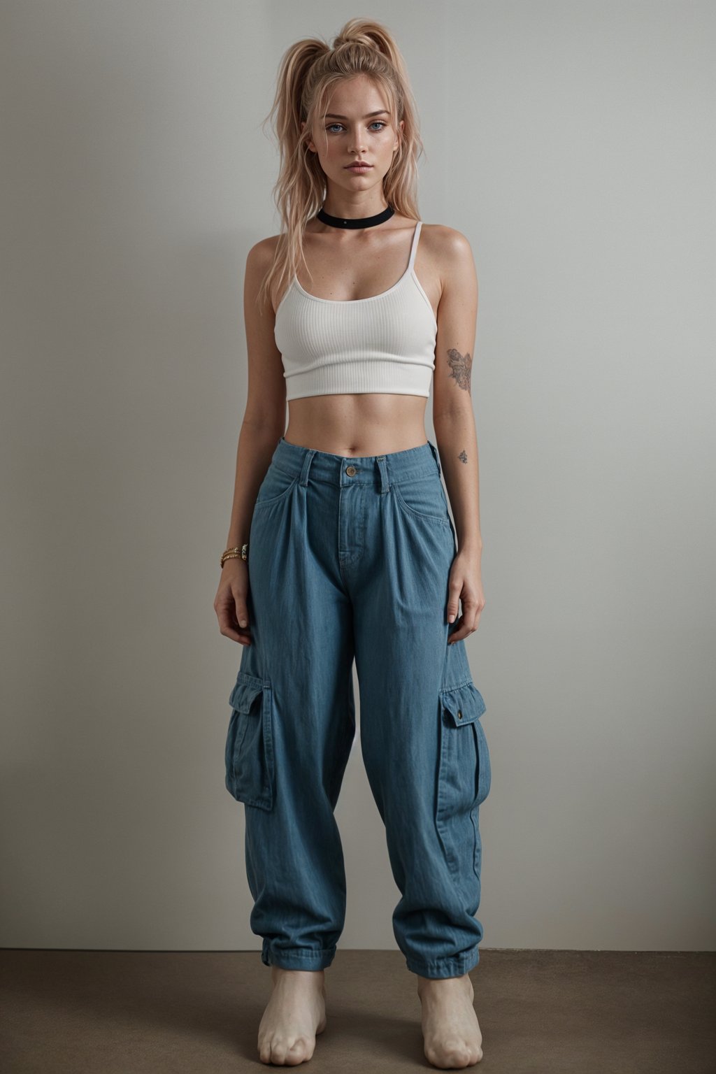 woman wearing Y2K aesthetic, 2000s fashion, aughts style, noughties style, grunge or 2000s style, oversized washed out style, baggy pants, low rise pants or cargo pants, crop top, Choker, Metallic, iridescent fabrics, posing for photo