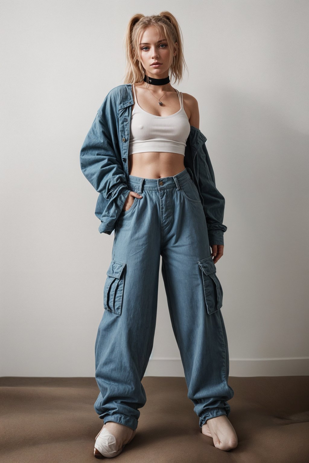 woman wearing Y2K aesthetic, 2000s fashion, aughts style, noughties style, grunge or 2000s style, oversized washed out style, baggy pants, low rise pants or cargo pants, crop top, Choker, Metallic, iridescent fabrics, posing for photo