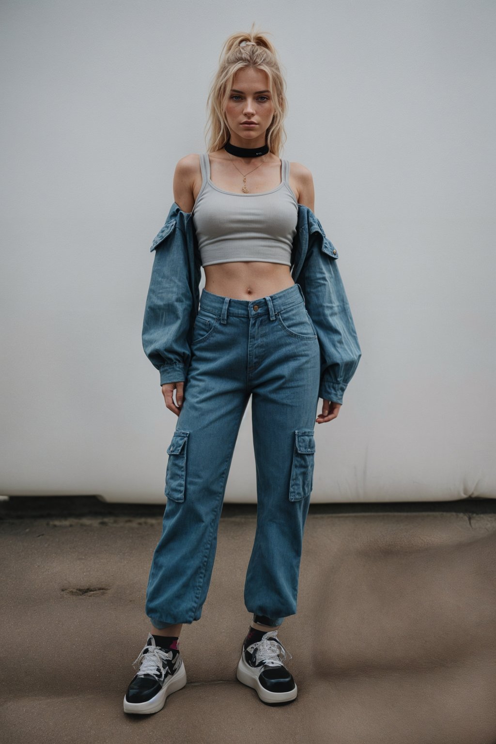 woman wearing Y2K aesthetic, 2000s fashion, aughts style, noughties style, grunge or 2000s style, oversized washed out style, baggy pants, low rise pants or cargo pants, crop top, Choker, Metallic, iridescent fabrics, posing for photo