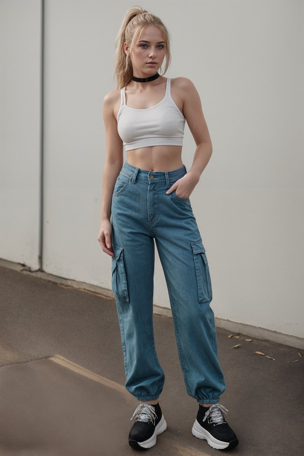 woman wearing Y2K aesthetic, 2000s fashion, aughts style, noughties style, grunge or 2000s style, oversized washed out style, baggy pants, low rise pants or cargo pants, crop top, Choker, Metallic, iridescent fabrics, posing for photo