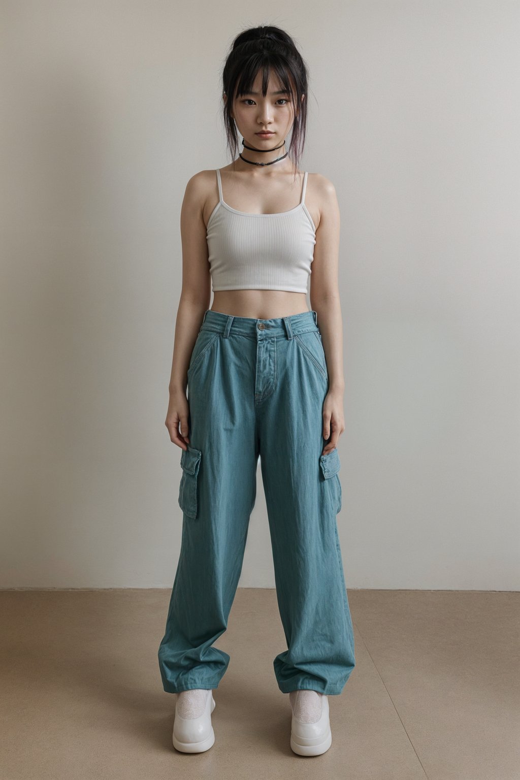 woman wearing Y2K aesthetic, 2000s fashion, aughts style, noughties style, grunge or 2000s style, oversized washed out style, baggy pants, low rise pants or cargo pants, crop top, Choker, Metallic, iridescent fabrics, posing for photo