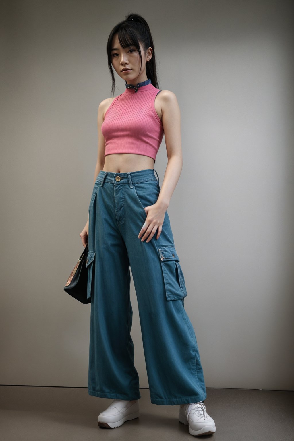 woman wearing Y2K aesthetic, 2000s fashion, aughts style, noughties style, grunge or 2000s style, oversized washed out style, baggy pants, low rise pants or cargo pants, crop top, Choker, Metallic, iridescent fabrics, posing for photo