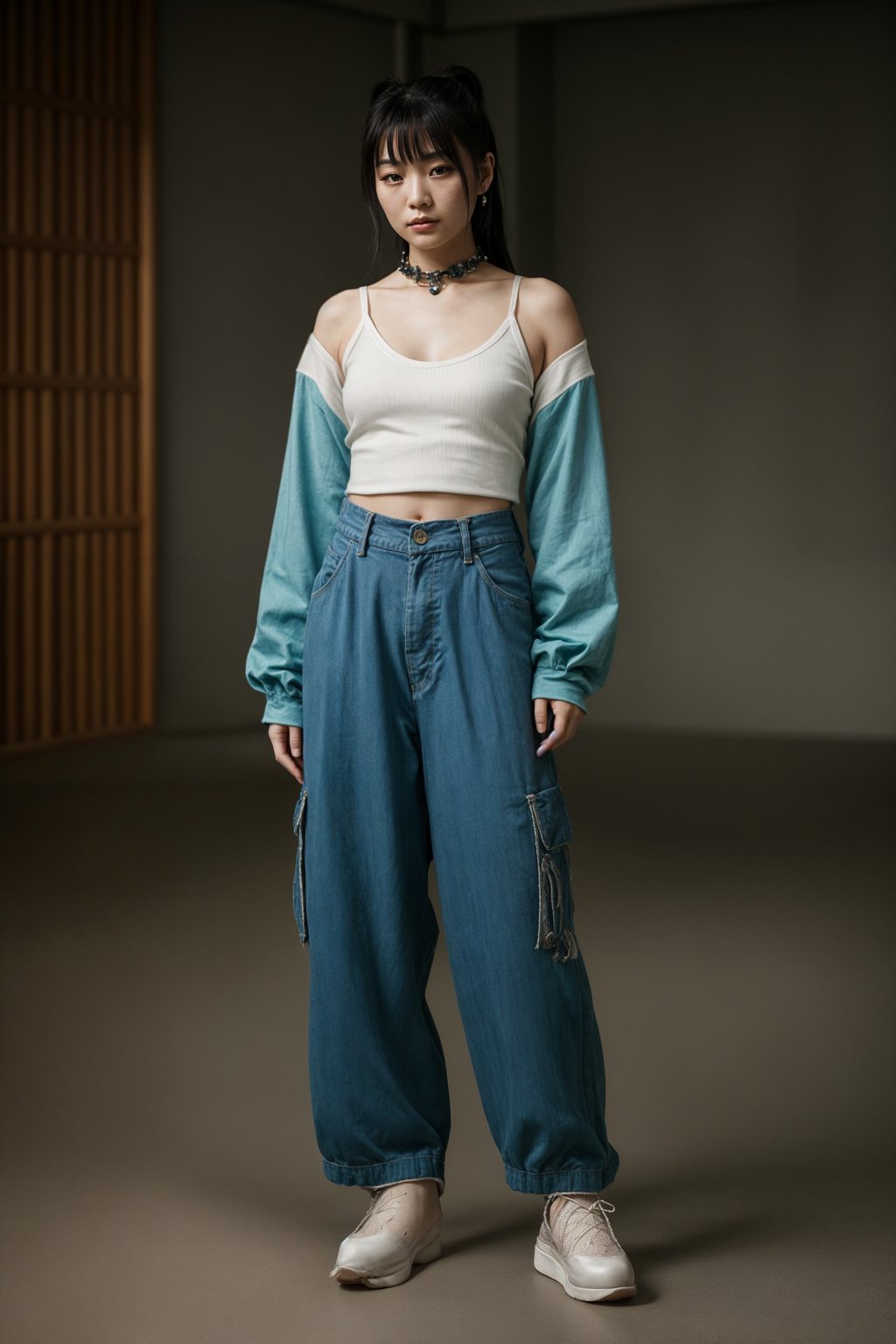 woman wearing Y2K aesthetic, 2000s fashion, aughts style, noughties style, grunge or 2000s style, oversized washed out style, baggy pants, low rise pants or cargo pants, crop top, Choker, Metallic, iridescent fabrics, posing for photo