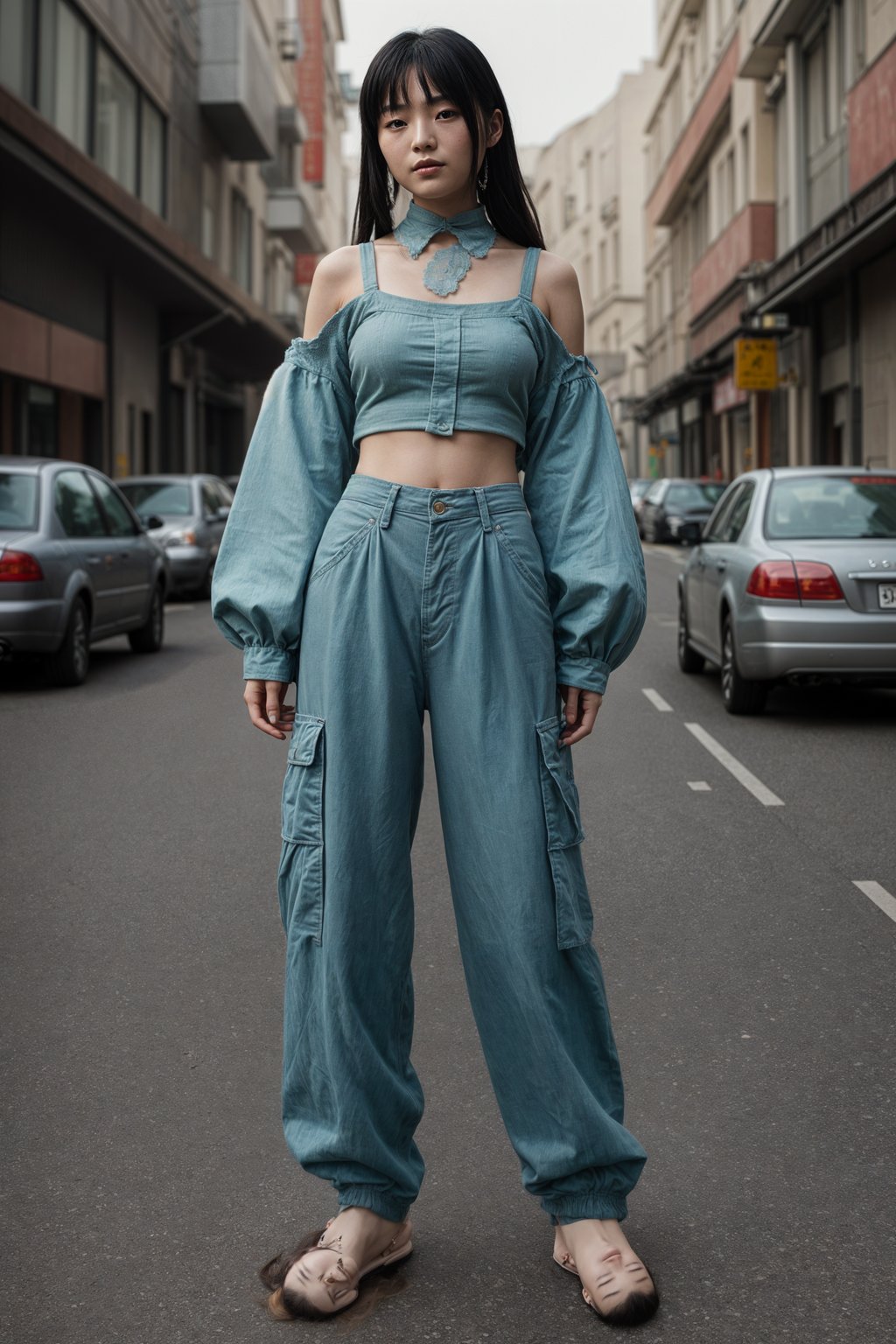 woman wearing Y2K aesthetic, 2000s fashion, aughts style, noughties style, grunge or 2000s style, oversized washed out style, baggy pants, low rise pants or cargo pants, crop top, Choker, Metallic, iridescent fabrics, posing for photo