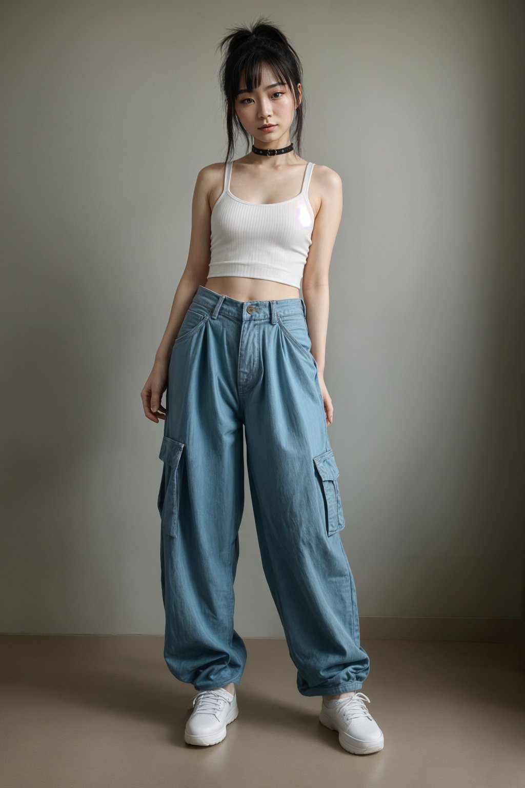 woman wearing Y2K aesthetic, 2000s fashion, aughts style, noughties style, grunge or 2000s style, oversized washed out style, baggy pants, low rise pants or cargo pants, crop top, Choker, Metallic, iridescent fabrics, posing for photo