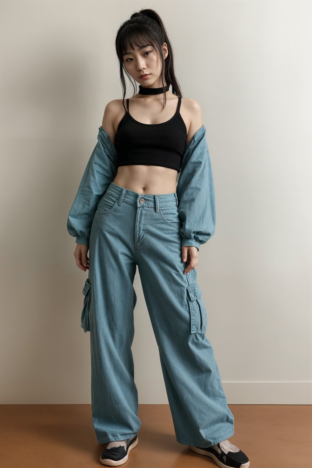 woman wearing Y2K aesthetic, 2000s fashion, aughts style, noughties style, grunge or 2000s style, oversized washed out style, baggy pants, low rise pants or cargo pants, crop top, Choker, Metallic, iridescent fabrics, posing for photo