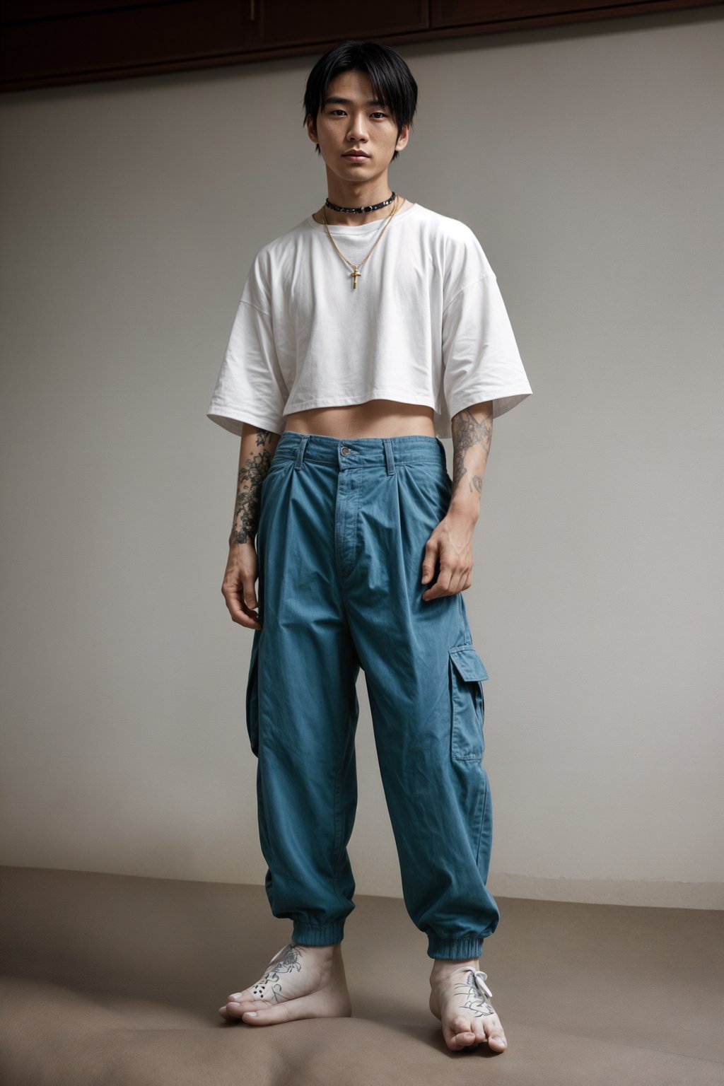 man wearing Y2K aesthetic, 2000s fashion, aughts style, noughties style, grunge or 2000s style, oversized washed out style, baggy pants, low rise pants or cargo pants, crop top, Choker, Metallic, iridescent fabrics, posing for photo