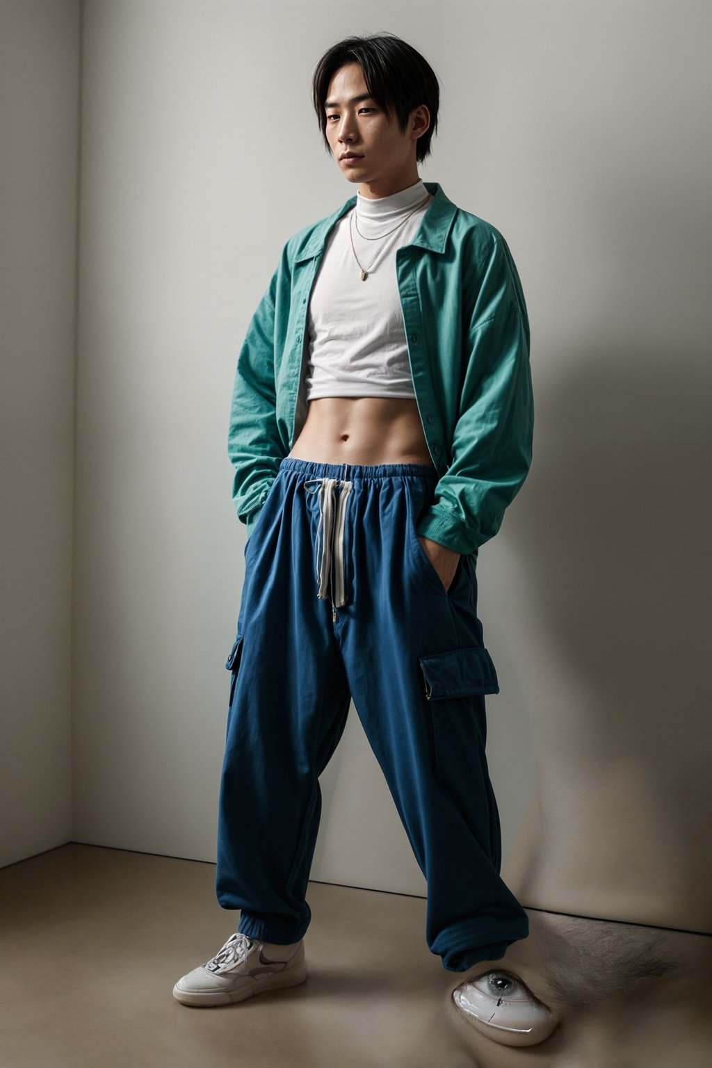 man wearing Y2K aesthetic, 2000s fashion, aughts style, noughties style, grunge or 2000s style, oversized washed out style, baggy pants, low rise pants or cargo pants, crop top, Choker, Metallic, iridescent fabrics, posing for photo