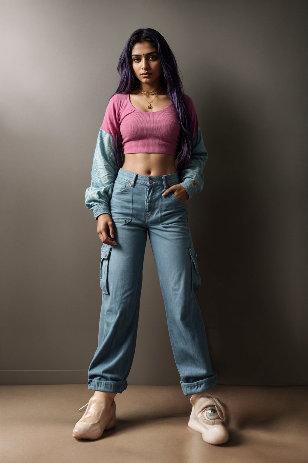 woman wearing Y2K aesthetic, 2000s fashion, aughts style, noughties style, grunge or 2000s style, oversized washed out style, baggy pants, low rise pants or cargo pants, crop top, Choker, Metallic, iridescent fabrics, posing for photo