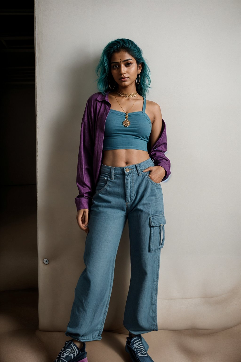 woman wearing Y2K aesthetic, 2000s fashion, aughts style, noughties style, grunge or 2000s style, oversized washed out style, baggy pants, low rise pants or cargo pants, crop top, Choker, Metallic, iridescent fabrics, posing for photo