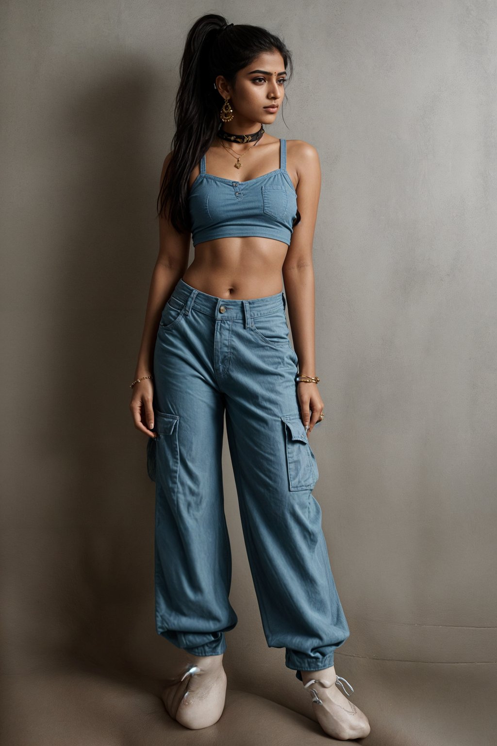 woman wearing Y2K aesthetic, 2000s fashion, aughts style, noughties style, grunge or 2000s style, oversized washed out style, baggy pants, low rise pants or cargo pants, crop top, Choker, Metallic, iridescent fabrics, posing for photo