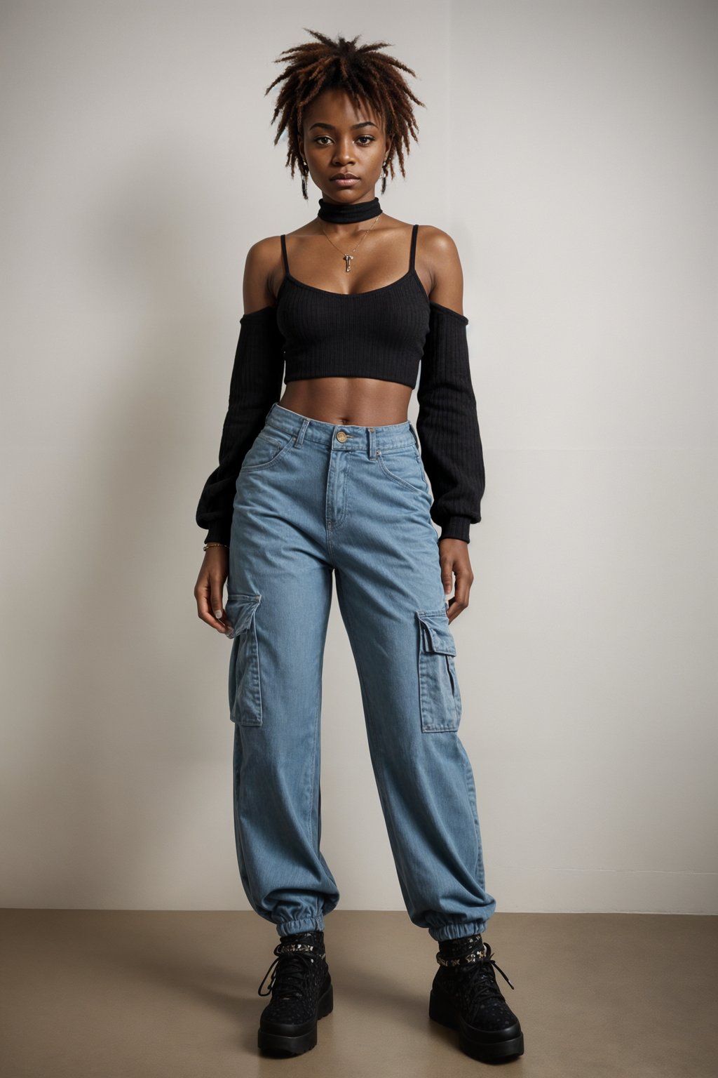 woman wearing Y2K aesthetic, 2000s fashion, aughts style, noughties style, grunge or 2000s style, oversized washed out style, baggy pants, low rise pants or cargo pants, crop top, Choker, Metallic, iridescent fabrics, posing for photo