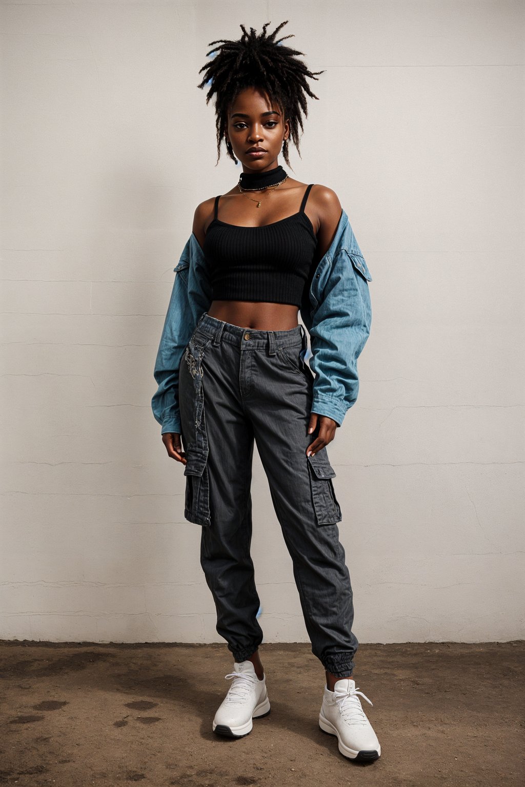 woman wearing Y2K aesthetic, 2000s fashion, aughts style, noughties style, grunge or 2000s style, oversized washed out style, baggy pants, low rise pants or cargo pants, crop top, Choker, Metallic, iridescent fabrics, posing for photo