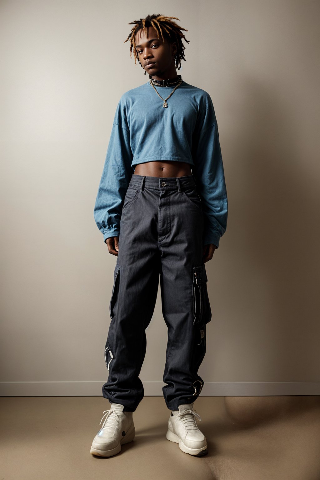 man wearing Y2K aesthetic, 2000s fashion, aughts style, noughties style, grunge or 2000s style, oversized washed out style, baggy pants, low rise pants or cargo pants, crop top, Choker, Metallic, iridescent fabrics, posing for photo