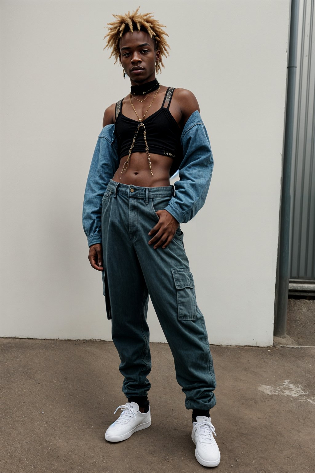 man wearing Y2K aesthetic, 2000s fashion, aughts style, noughties style, grunge or 2000s style, oversized washed out style, baggy pants, low rise pants or cargo pants, crop top, Choker, Metallic, iridescent fabrics, posing for photo