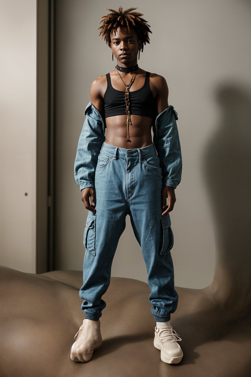 man wearing Y2K aesthetic, 2000s fashion, aughts style, noughties style, grunge or 2000s style, oversized washed out style, baggy pants, low rise pants or cargo pants, crop top, Choker, Metallic, iridescent fabrics, posing for photo