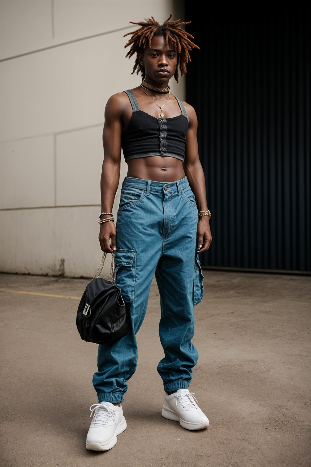 man wearing Y2K aesthetic, 2000s fashion, aughts style, noughties style, grunge or 2000s style, oversized washed out style, baggy pants, low rise pants or cargo pants, crop top, Choker, Metallic, iridescent fabrics, posing for photo