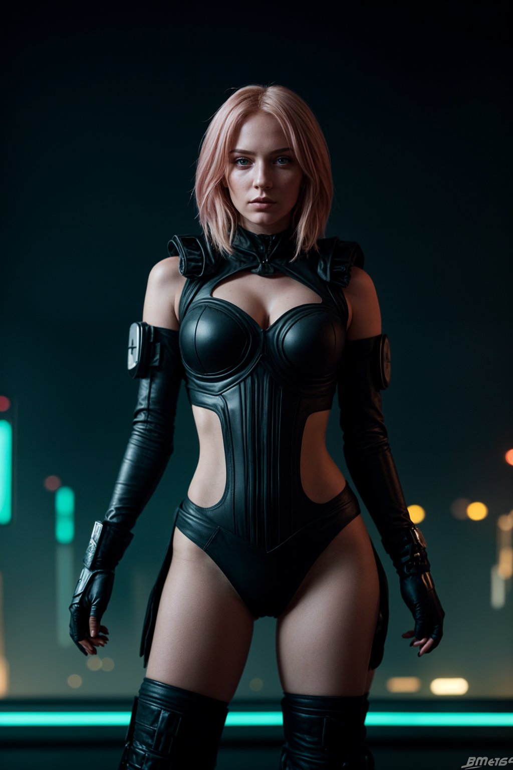 cosplayer woman in a cyberpunk outfit, posing against the backdrop of bright city lights
