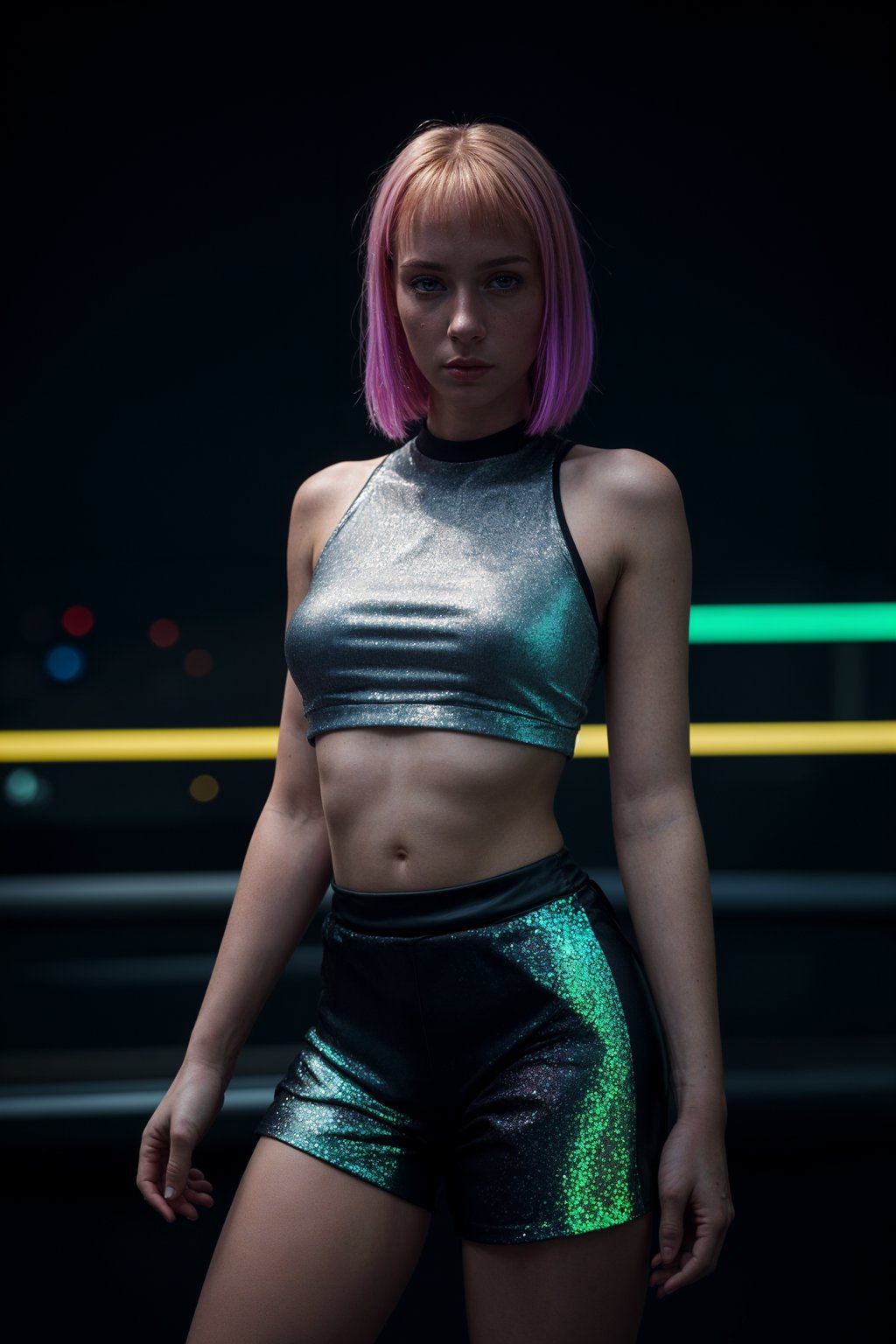 woman wearing holographic crop top and digital shorts  in a neon-lit Bladerunner-inspired cityscape