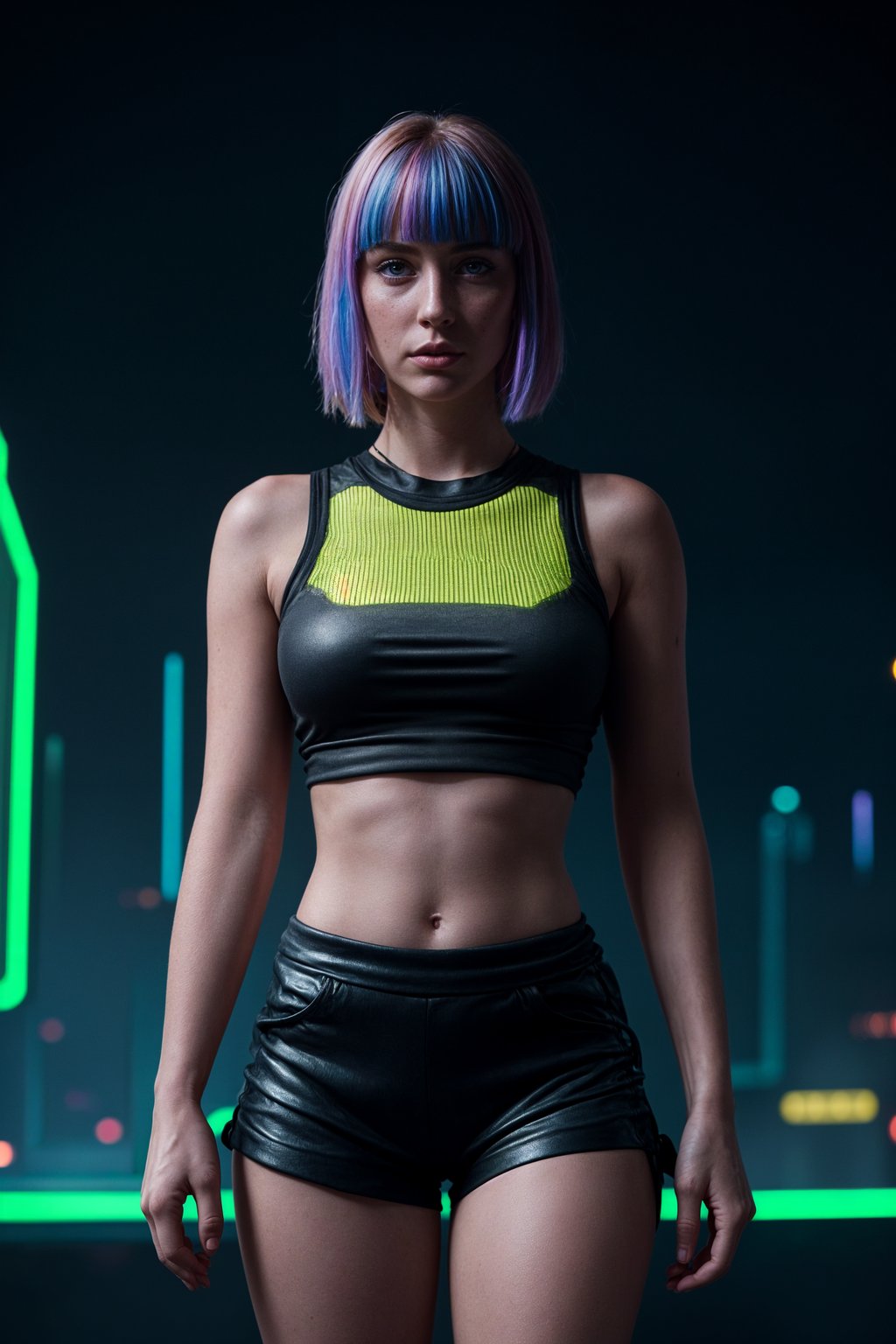 woman wearing holographic crop top and digital shorts  in a neon-lit Bladerunner-inspired cityscape