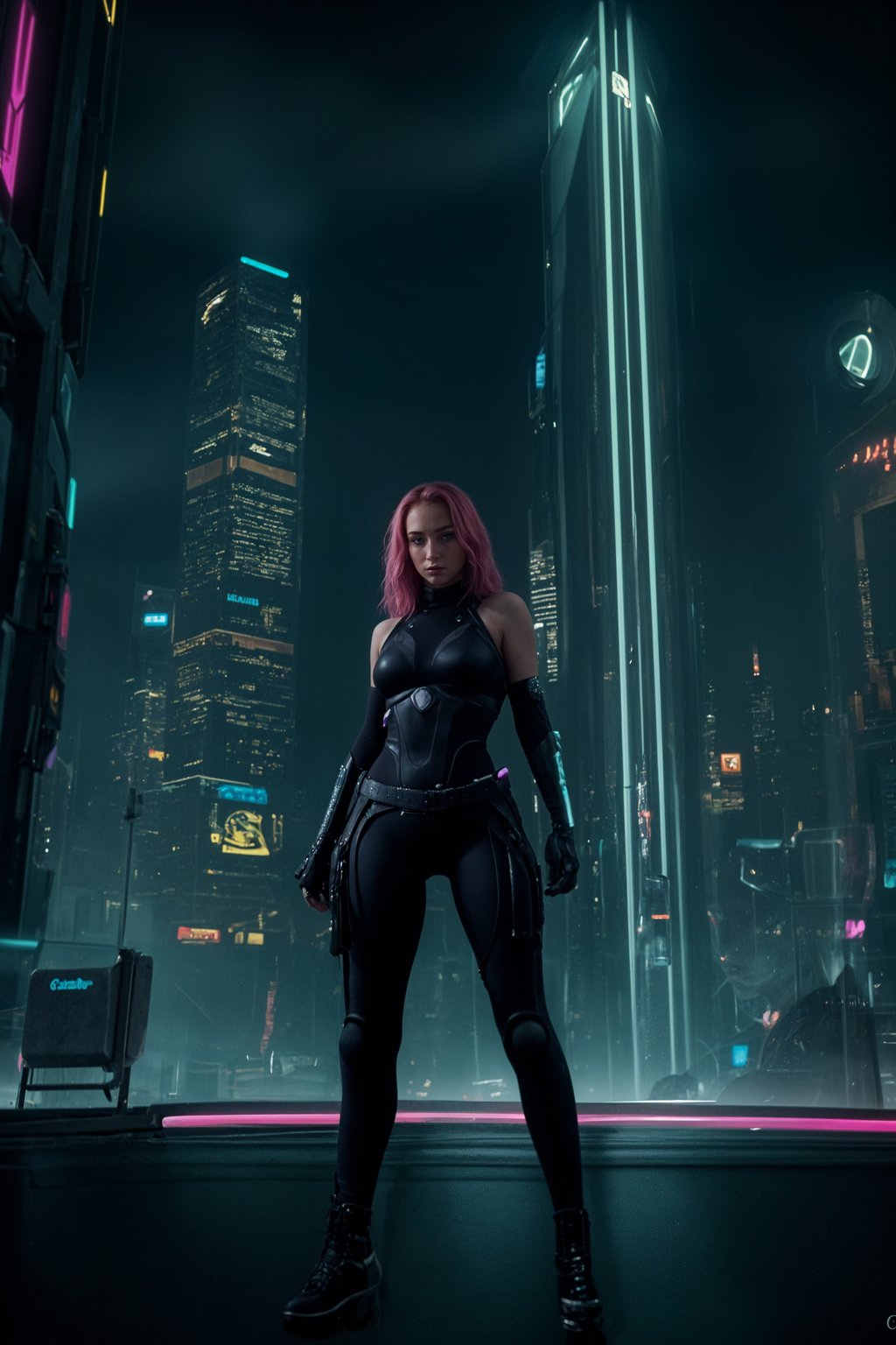 cyberpunk woman with futuristic cyberpunk neon clothes standing in cyberpunk city with neon lights city on Mars in future, neon billboards, skyscrapers