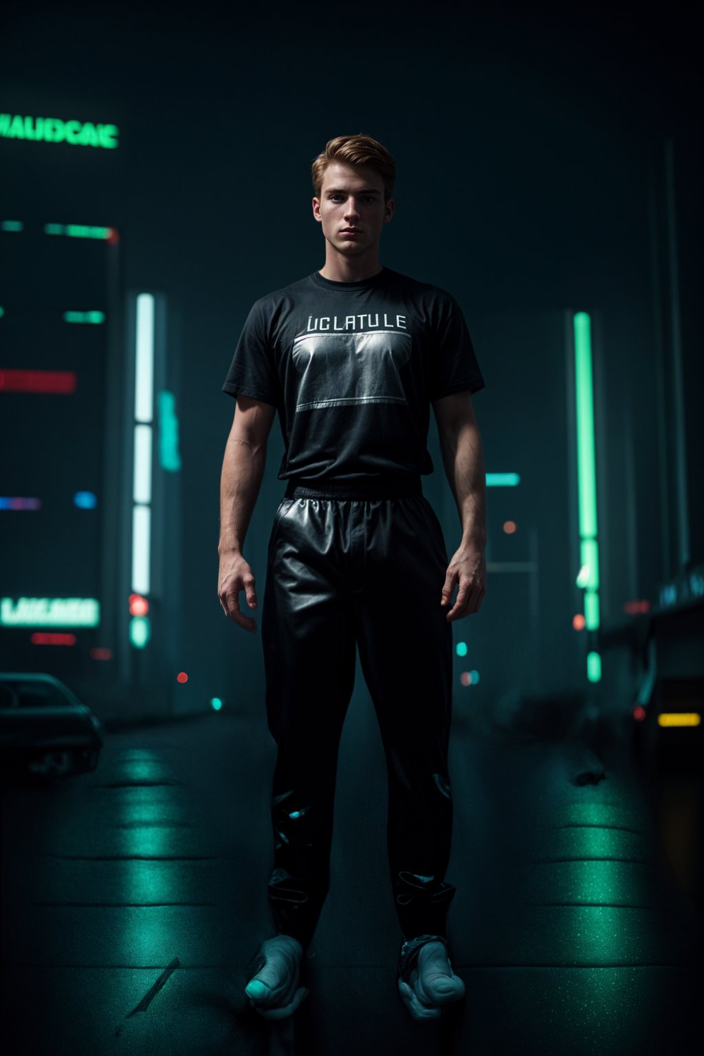 man wearing  holographic t-shirt and cybernetic trousers in a neon-lit Bladerunner-inspired cityscape