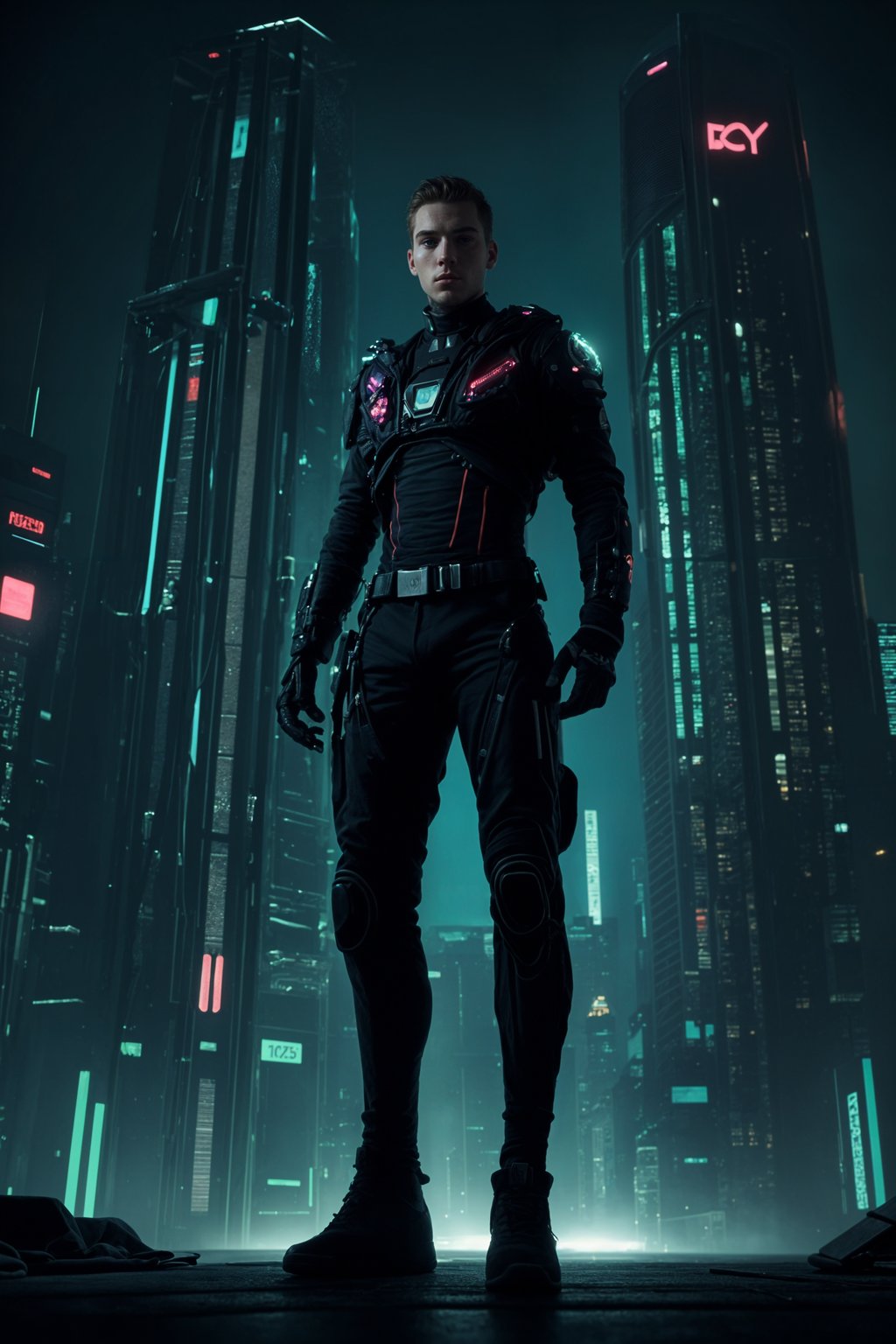 cyberpunk man with futuristic cyberpunk neon clothes standing in cyberpunk city with neon lights city on Mars in future, neon billboards, skyscrapers