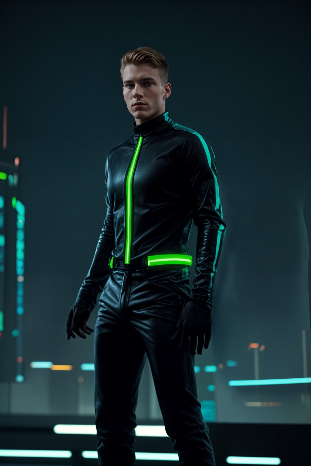 man wearing sleek leather pants with neon highlights and holographic top in a Bladerunner-inspired cityscape