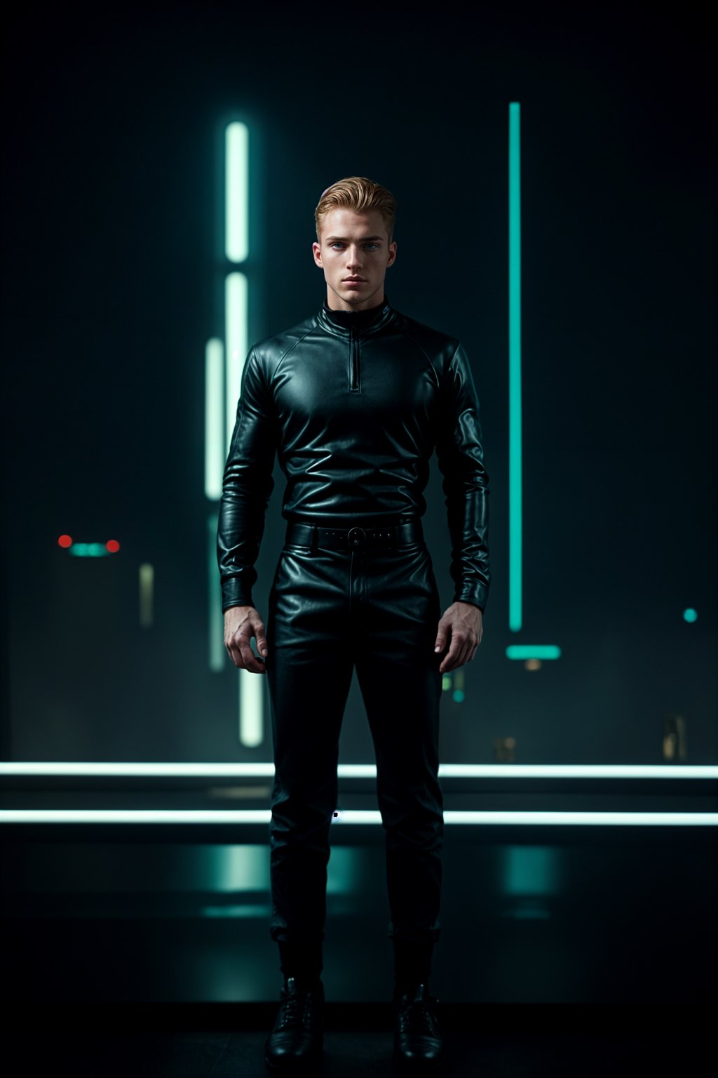 man wearing sleek leather pants with neon highlights and holographic top in a Bladerunner-inspired cityscape