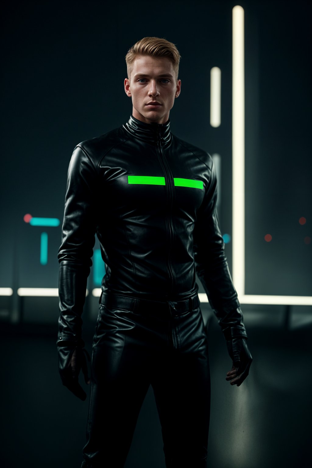 man wearing sleek leather pants with neon highlights and holographic top in a Bladerunner-inspired cityscape