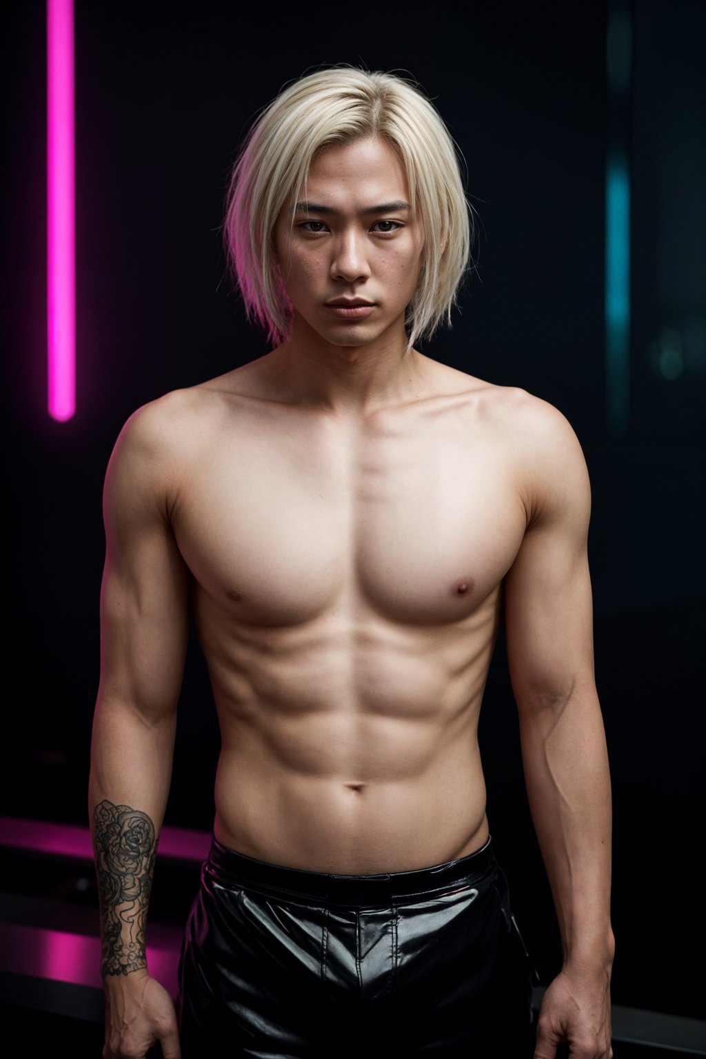 man with platinum blonde hair, in neon bar, cyberpunk, pink latex crop top, professional award winning photography, beautiful detailed eyes, highly detailed glossy eyes, high detailed skin, skin pores