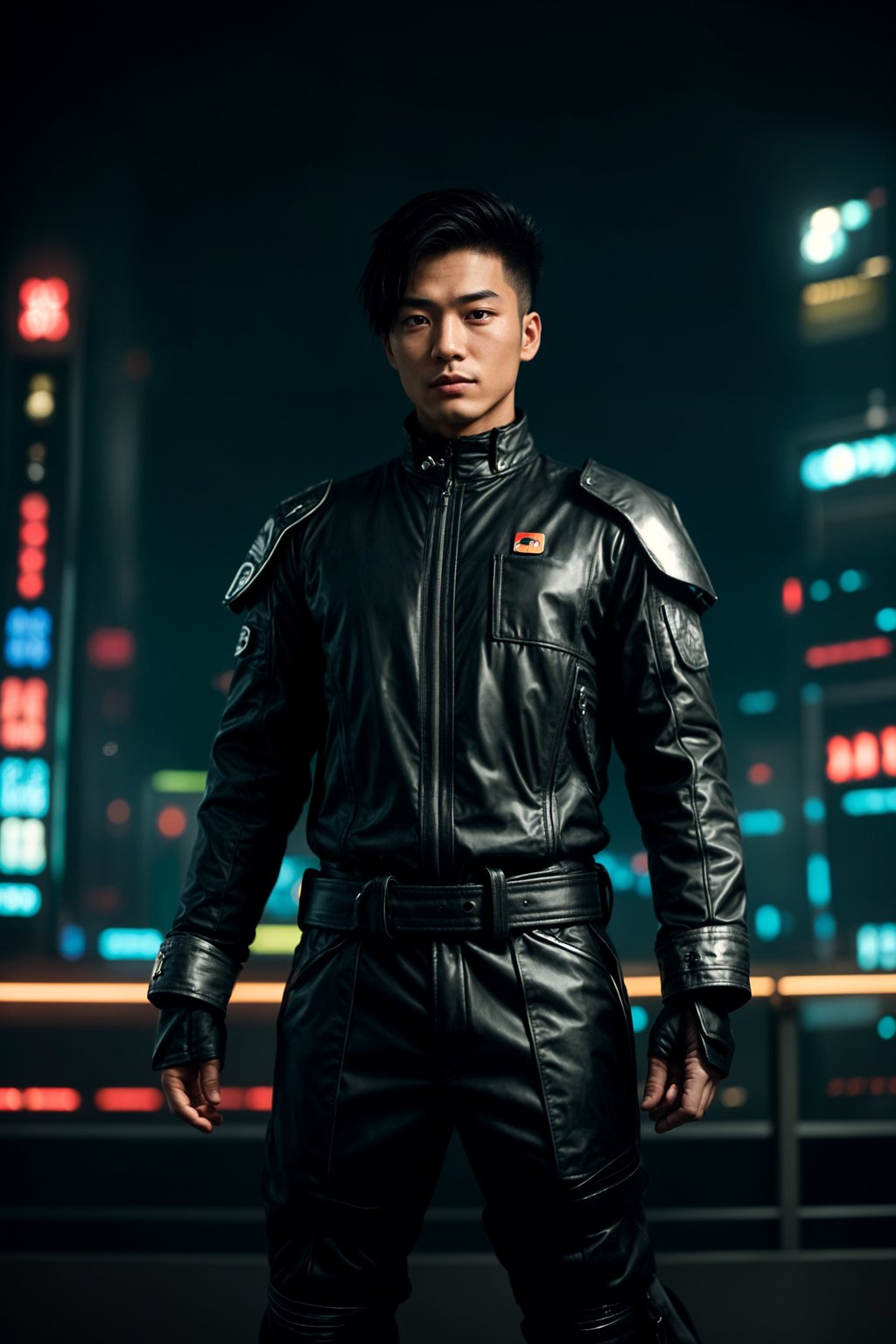 cosplayer man in a cyberpunk outfit, posing against the backdrop of bright city lights