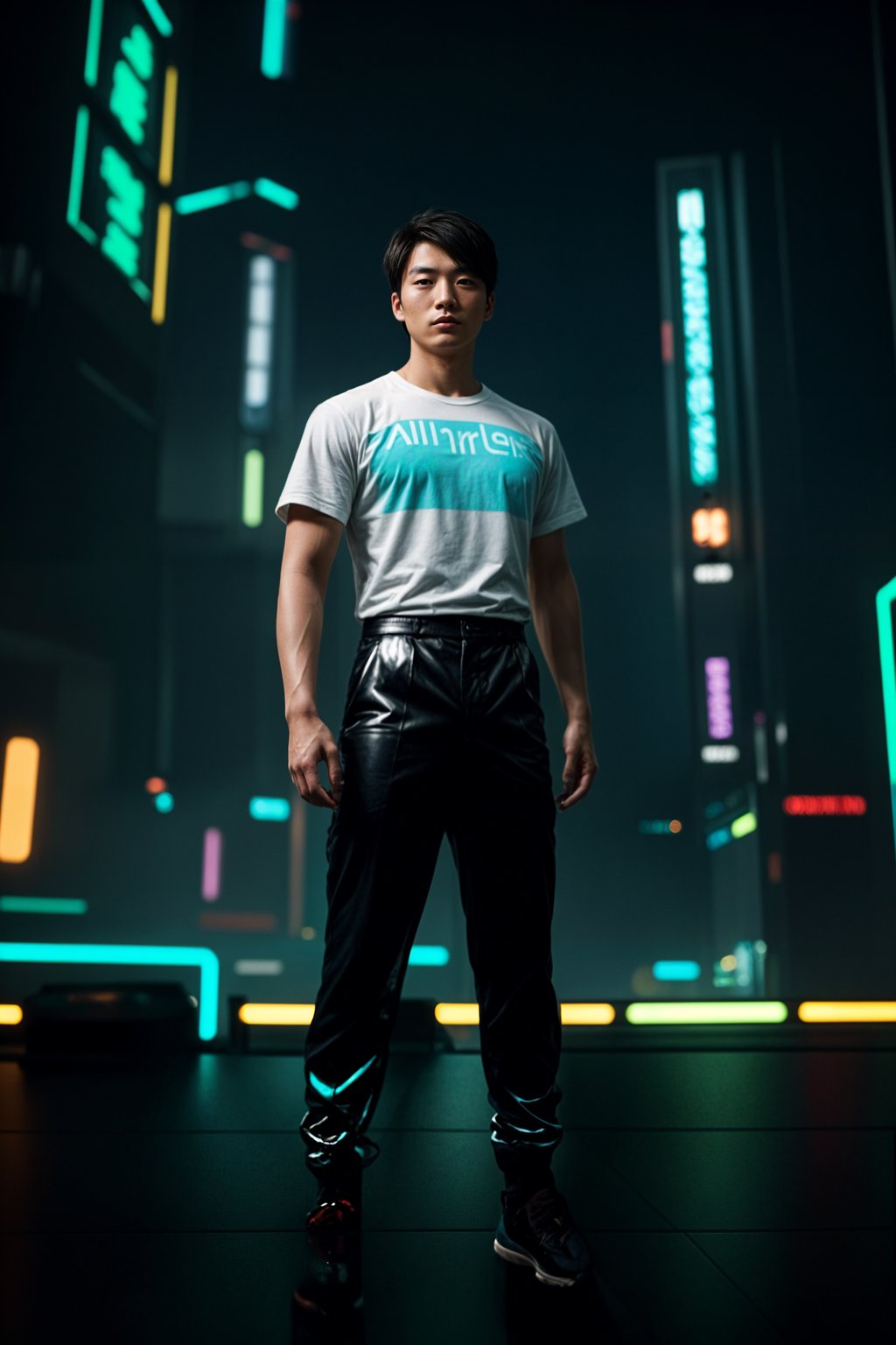 man wearing  holographic t-shirt and cybernetic trousers in a neon-lit Bladerunner-inspired cityscape