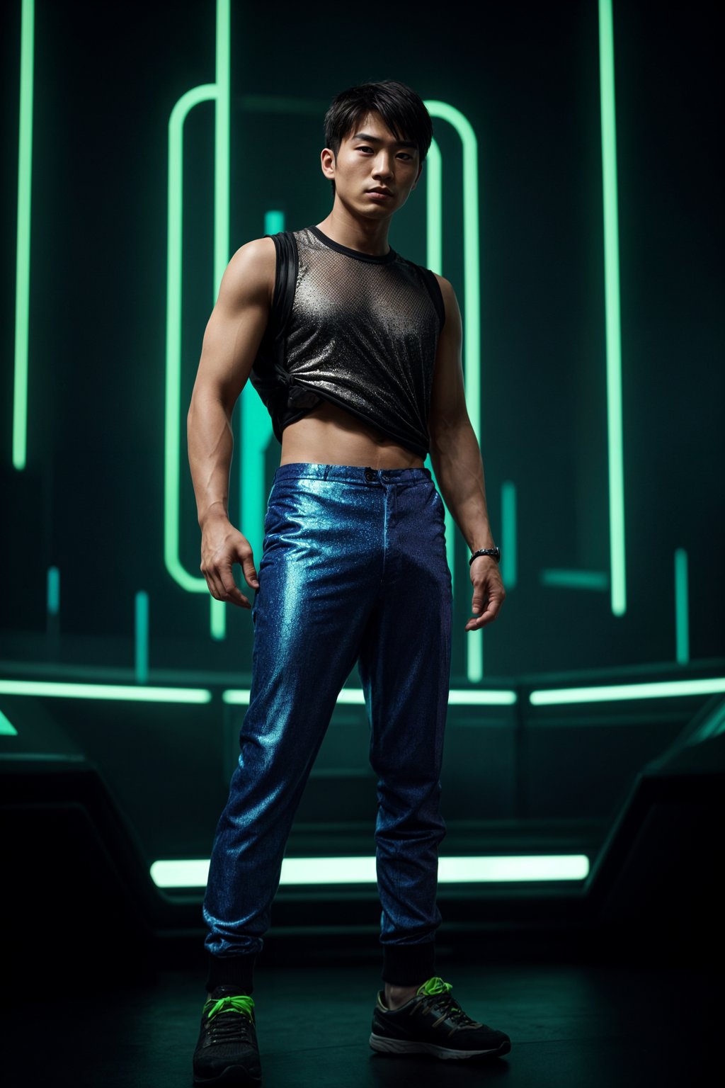 man wearing  holographic t-shirt and cybernetic trousers in a neon-lit Bladerunner-inspired cityscape