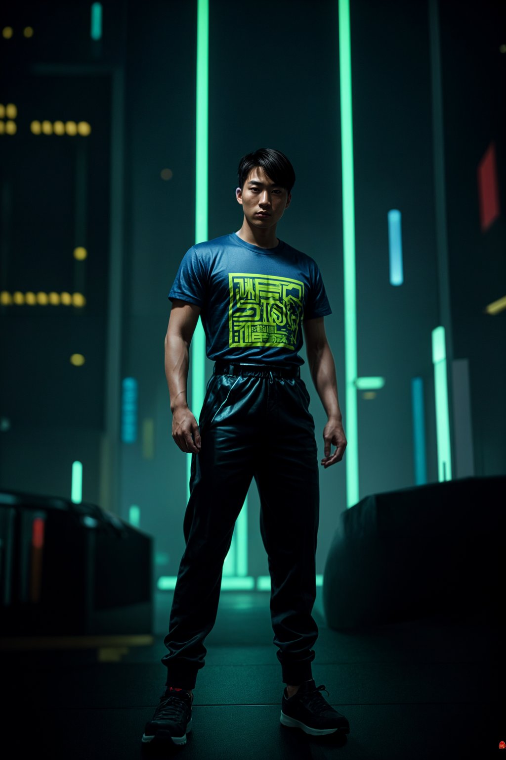 man wearing  holographic t-shirt and cybernetic trousers in a neon-lit Bladerunner-inspired cityscape