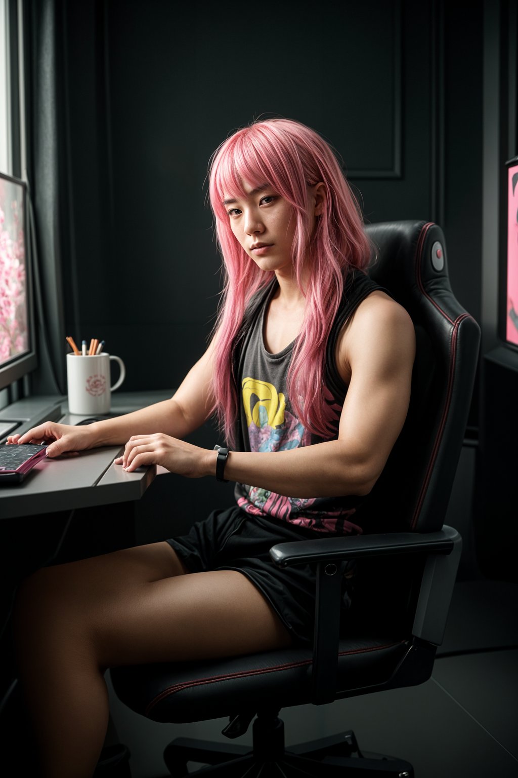 amazingly detailed man, masterpiece, ultra hd, full shot, dynamic angle, beautiful girl, computer gamer, gaming computer, gaming chair, playing cyberpunk 2077, neon bedroom, streamer setup, , cyberpunk theme, wild long hair, Wavy Cut with Curtain Bangs, bubblegum pink hair, high detail hair, smokey eye shadow, high detail skin, high detail eyes, seductive eyes, smokey makeup