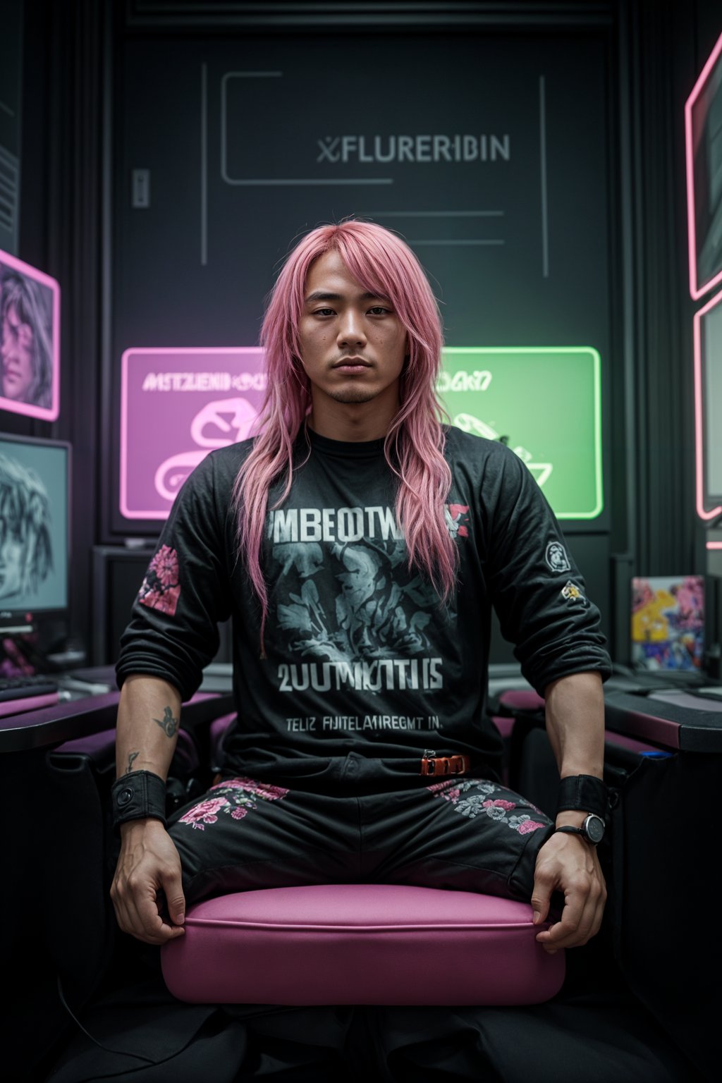 amazingly detailed man, masterpiece, ultra hd, full shot, dynamic angle, beautiful girl, computer gamer, gaming computer, gaming chair, playing cyberpunk 2077, neon bedroom, streamer setup, , cyberpunk theme, wild long hair, Wavy Cut with Curtain Bangs, bubblegum pink hair, high detail hair, smokey eye shadow, high detail skin, high detail eyes, seductive eyes, smokey makeup