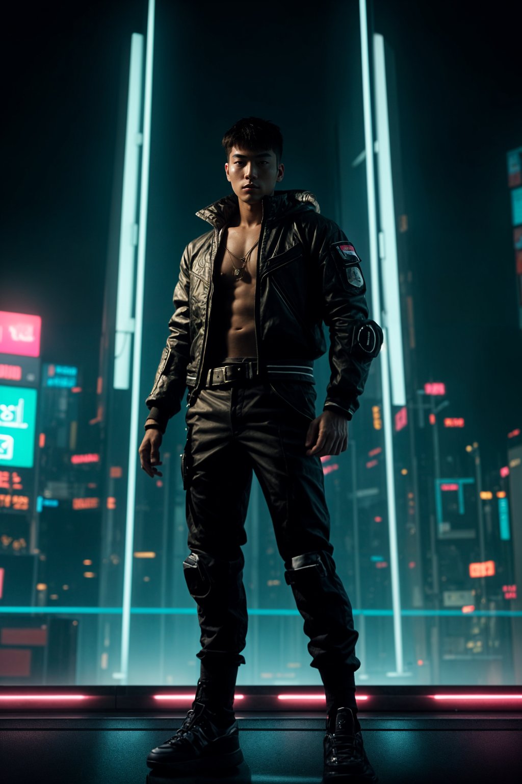 cyberpunk man with futuristic cyberpunk neon clothes standing in cyberpunk city with neon lights city on Mars in future, neon billboards, skyscrapers