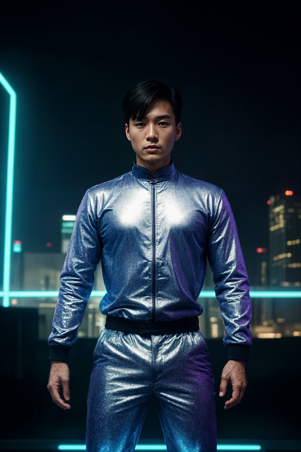 man wearing  holographic nightclub outfit in a cybernetic cityscape